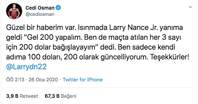 Takım arkadaşı Larry Nance Jr’ın bu rakamı 200 Dolar’a çıkarma çağrısını kabul eden Cedi,