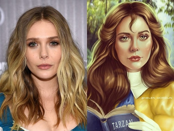 Элизабет Олсен, переосмысленная как Джейн из "Тарзана", включает в себя фирменное желтое платье персонажа, но ее лицо выглядит более реалистичным.