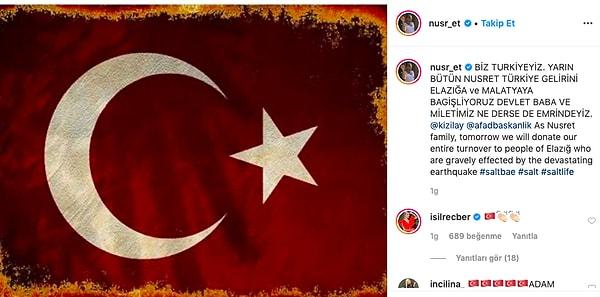 Türkiye'deki 5 restoranının bir günlük gelirini Elazığ ve Malatya'daki depremzedelere bağışlayacağını söyleyen Nusret,