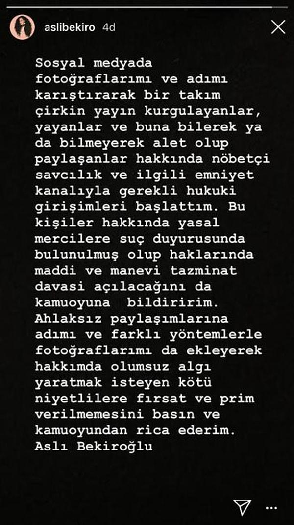 Bütün bu yaşananların ardından Aslı Bekiroğlu da Instagram hesabı üzerinden şu açıklamayı yaptı: