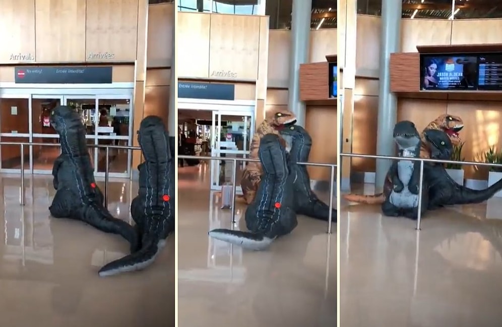 Dinozor Kostümlerini Giyerek Havalimanında Buluşan Anneanne ve İki Torununun Muhteşem Anları!