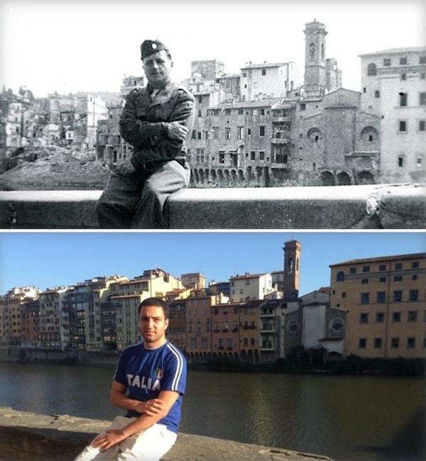 19. "Büyükbabamın 2. Dünya Savaşı döneminde oturduğu yerde oturuyorum. 1944 ve 2014. Arno Nehri, Floransa İtalya."