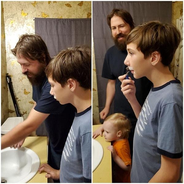 1. "Kocam, hayatında ilk defa tıraş olacak en büyük oğluma nasıl tıraş olması gerektiğini öğretiyor."