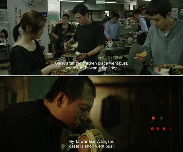 9. Ki-taek bir zamanlar Tayvan Pastası dükkanında şoför olarak çalıştığını anlatıyor. Tıpkı Geun-se'nin açıp borca battığı dükkan gibi.