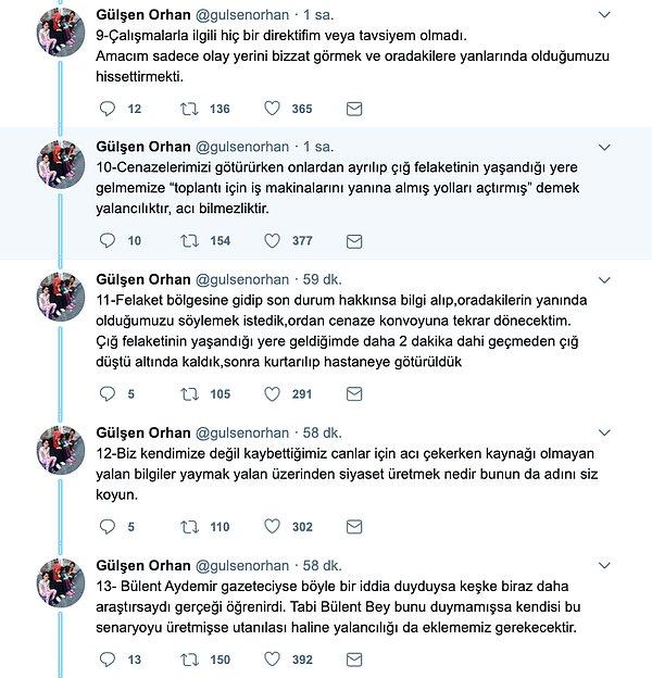 Aydemir'in açıklamaları ardından Cumhurbaşkanı Başdanışmanı Gülşen Orhan, çığ bölgesinde iş makinesiyle yol açtırdığı iddiasına dair açıklama yaptı