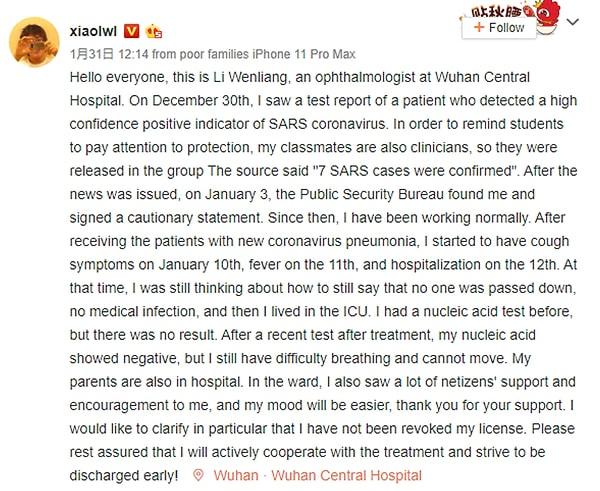 Doktor Li, başından geçenleri anlattığı bir paylaşımında 10 Ocak'ta öksürmeye başladığını, ertesi gün ateşlendiğini, iki gün sonra da hastanelik olduğunu belirtmişti. 👇