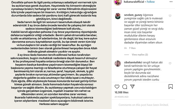 "Kaldı ki kendi ağzından şahsıma 2 ay önce yayınlanmış röportajında defalarca teşekkür ettiği ortadadır. Bu ayrılığın nedenlerinden birinin ben olarak gösterilmesi her şeyden önce Allah indinde günah almaktır, yazıktır ve ayıptır" şeklinde devam etti.