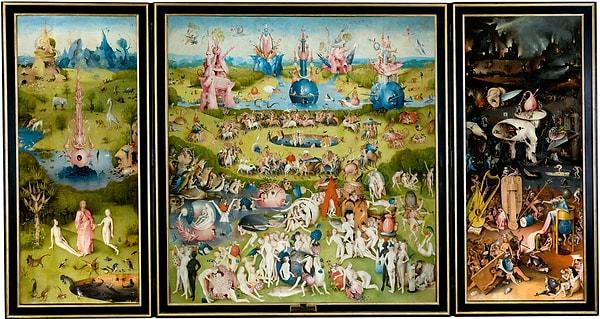 13. "Dünyevi Zevkler Bahçesi" adlı Hieronymus Bosch tablosu, 1500'lü yıllarda yapıldı ve üç bölümden oluşuyor. Tablo, cennet, dünya ve cehennemi tasvir ederken, figürlerin garip ve fantastik bir şekilde tasvir edilmesiyle tanınır.