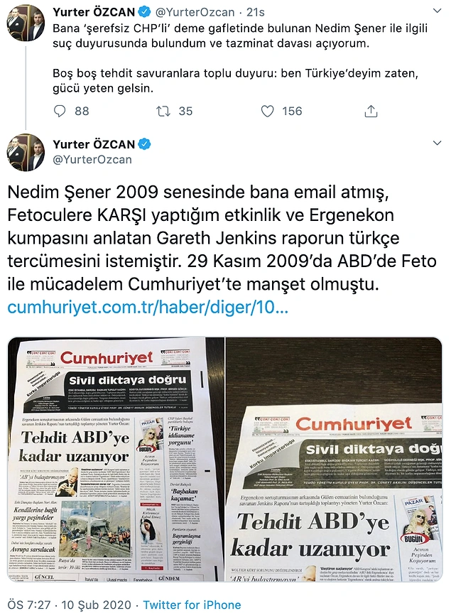 Nedim Sener Ile Chp Li Yurter Ozcan Twitter Da Birbirine Girdi