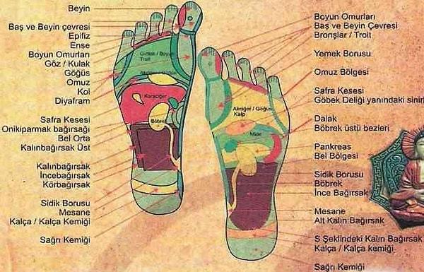 Tedaviyi yönlendirmek için resimdeki gibi, refleksoloji şeması olan ayak haritaları kullanılır.