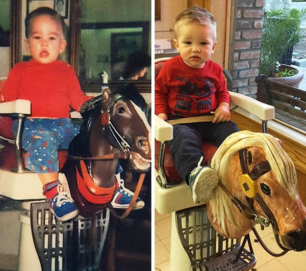 8. «Повел сына на первую стрижку. Тот же возраст, похожий наряд и тот же стул! »