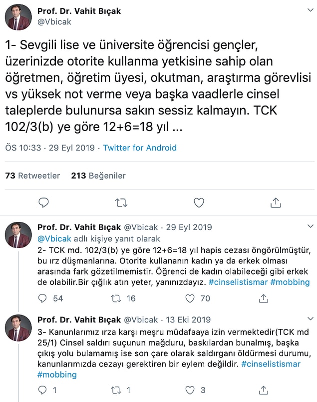 Bıçak, geçtiğimiz yıl Twitter'da yaptığı "Öğretmeniniz yüksek not verme veya başka vaadlerle cinsel taleplerde bulunursa sakın sessiz kalmayın" paylaşımı ile tepki çekmişti.