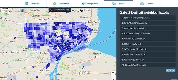 Örneğin yabancı bir site Detroit'in en güvenilir mahallelerini göstermiş aşağıdaki haritada. Açık mavi en güvenilir, koyu mavi en tehlikeli bölgeleri işaret ediyor.