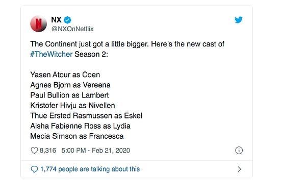 Netflix birkaç gün önce, 2021'de yayınlanacak The Witcher 2. Sezon ile ilgili şu paylaşımı yaptı: