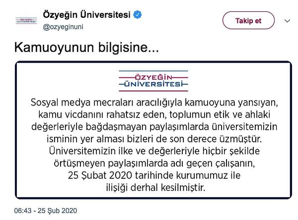 Erkan Naldemirci, Twitter'da gündem olunca Özyeğin Üniversitesi bu kişinin işine son verildiğini açıkladı.