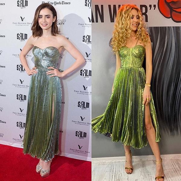 8. Sinem Kobal, Lily Collins'le aynı markanın aynı model ama farklı renkte elbisesini giyerek pişti oldu.
