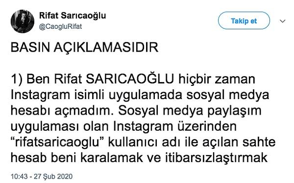 Son olarak Rıfat Sarıcaoğlu dün Twitter hesabından yaptığı paylaşımda söz konusu iddiaların gerçeği yansıtmadığını ve yasal işlem başlatacaklarını açıkladı.
