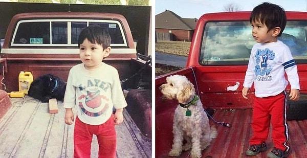 6. "Solda kocamın 1992 yılında ailesinin arabasında çekilmiş bir fotoğrafı. Sağda ise bizim oğlumuzun bizim arabamızda çekilen bir fotoğrafı."