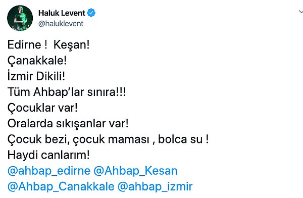 AHBAP'la ülkenin her yerine yardım götürmeye çalışan Haluk Levent de bu konuda bir çağrı yaptı.