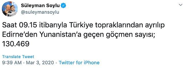 İçişleri Bakanı Soylu, bugün yaptığı açıklamada Edirne'den Yunanistan'a geçen göçmen sayısının 130 bini aştığını ifade etti.