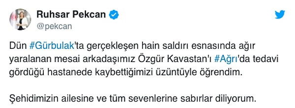 Ruhsar Pekcan: "Özgür Kavastan'ı Ağrı'da tedavi gördüğü hastanede kaybettiğimizi üzüntüyle öğrendim"