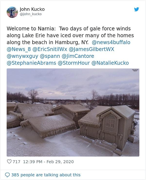 24. "Narnia'ya hoşgeldiniz. İki günlük şiddetli rüzgar ve soğuktan sonra Erie Gölü tüm kıyı evlerini buzla kapladı."