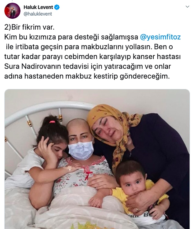 Haluk Levent, bu durumu düzeltmek için gerçekten hasta olan bir kızımıza kendi cebinden destek olacağını ve kendisini kanser olarak gösteren İrem'e yardım edenler adına makbuz kestireceğini söyledi. Yani İrem tarafından kandırılan insanlar da böylelikle gerçekten hasta olan bir kızımıza yardım edecek, her iki tarafın da içi rahat edecekti.