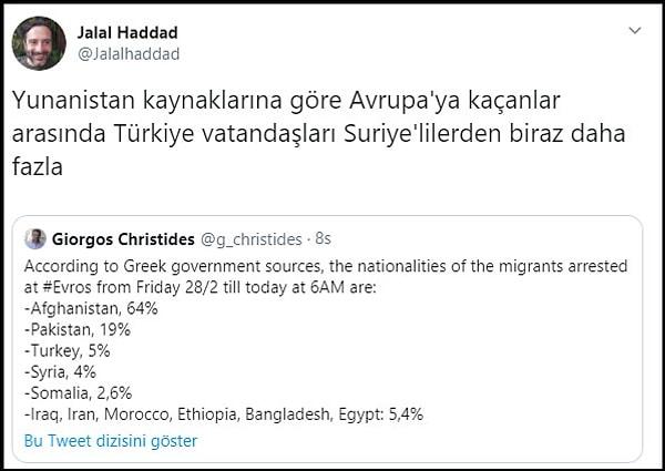 Yunan gazeteciler, sınırı aşan göçmenlerin arasında Türk vatandaşlarının da bulunduğunu belirtiyor. Gazetecilere göre yakalanan Türklerin sayısı Suriyeli göçmenlerden daha fazla. 👇