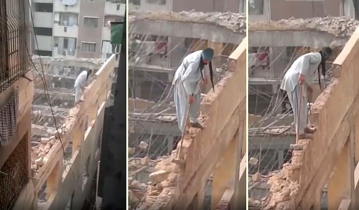 Azrail'e Meydan Okurcasına Tokmakla Bina Yıkmaya Çalışan İnşaat İşçisi!