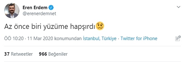 CHP’li Eren Erdem'in attığı "yüzüme az önce biri hapşırdı" tweetine bir kullanıcının "İran'dan sen getirdin belli ki" yorumunu yapmasıyla Akit, böyle bir haber yapma gereği duymuş.