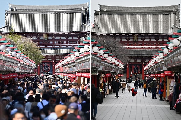 Комбинированная фотография показывает большую толпу людей, посещающих храм Сэнсодзи в токийском районе Асакуса 16 апреля 2019 года (слева) и гораздо меньшую группу 9 марта 2020 года