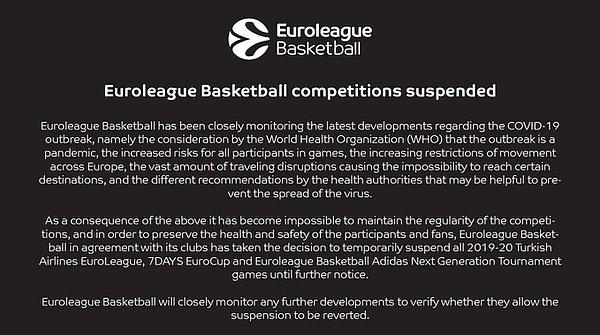 46. EuroLeague, ikinci bir karara kadar tüm maçların ertelendiğini açıkladı.