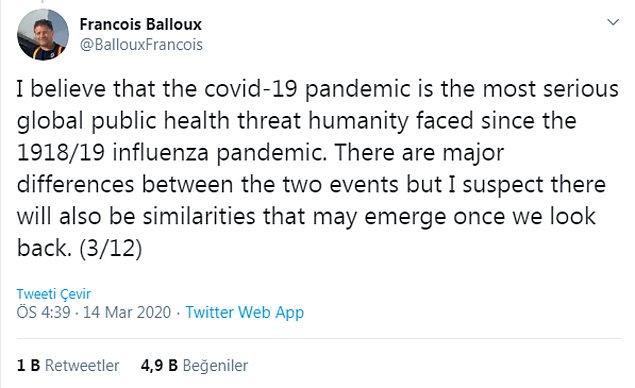 "Covid-19 pandemisinin 1918/19 İspanyol gribinden bu yana karşılaşılan en ciddi global halk sağlığı tehdidi olduğuna inanıyorum...