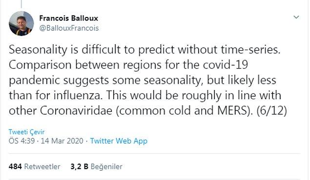 "Süreci görmeden mevsimselliği tahmin etmek oldukça zor. Covid-19 salgını için mevsimsel olduğu öne sürülebilir ancak normal bir grip ile karşılaştırma yapmak doğru değildir...