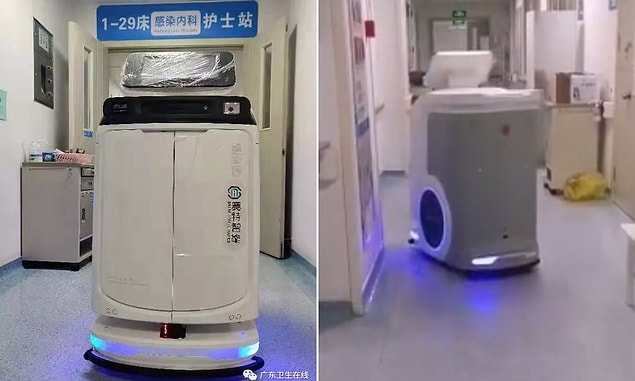 Vuhan’da birçok hastanede robot asistanlar, hastalara veya hastalık şüphesiyle karantinada tutulan kişilere ilaç ve yemek götürüyor.