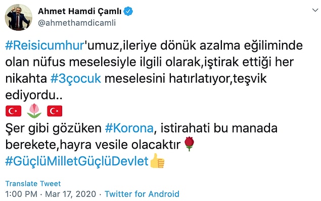 'Şer gibi gözüken korona istirahati bu manada berekete, hayra vesile olacaktır 🌹'