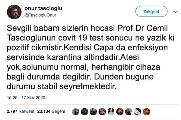 1. İstanbul Çapa Tıp Fakültesi Dahiliye Profesörü Cemil Taşcıoğlu'nun Covid-19 testinin pozitif çıktığını geçtiğimiz gün sosyal medya üzerinden duymuştuk.