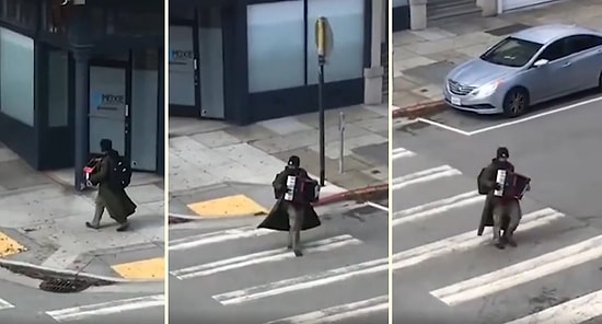 Karantina Nedeniyle Sokakları Bomboş Kalan San Francisco'da Akordeonuyla Turlayan Adam