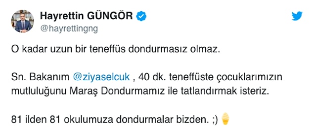 Kahramanmaraş Belediye Başkanı'ndan da Selçuk'a cevap geldi: "81 ilden 81 okulumuza dondurmalar bizden"