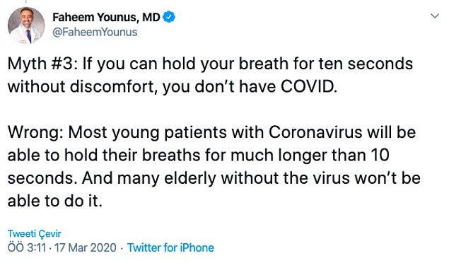 2. "10 saniye boyunca rahatsız olmadan nefesinizi tutarsanız, Covid taşımıyorsunuz."