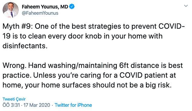 8. "Kovid-19'dan kurtulmanın en iyi yollarından bir tanesi evdeki kapı kollarını dezenfektan ile silmektir."