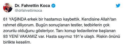 Sağlık Bakanı: 'Koronavirüsten İkinci Ölüm Gerçekleşti, Vaka Sayısı 191 Oldu'