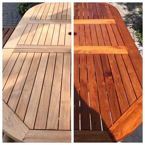 9. 20-летний тиковый стол до и после покрытия лаком