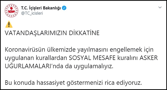 İçişleri Bakanlığı Twitter paylaşımıyla hassasiyet rica etti 👇