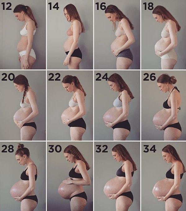 9. Üçüz bebeklerine olan hamileliğini, hafta hafta fotoğraflayarak kolaj yapan kadın.