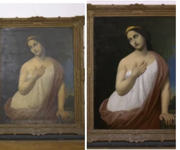 4. Картина ХIX века, нарисованная маслом, до и после реставрации: