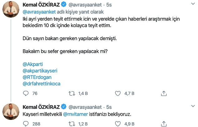 Özkiraz bilginin teyitli olduğunu söyleyip vekili istifaya davet etti.