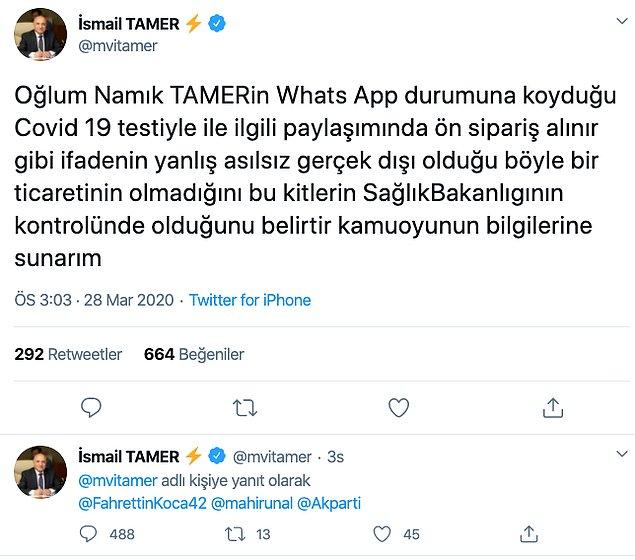 Milletvekili İsmail Tamer ise resmi hesabından şu açıklamayı yaptı. İddiaları reddetti.