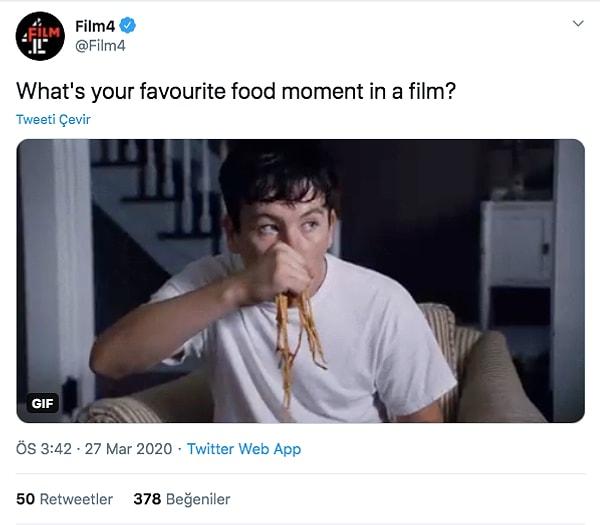 Film4 hesabı takipçilerine filmlerdeki favori yemek sahnelerini sordu.