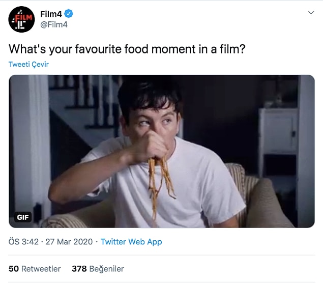 Film4 hesabı takipçilerine filmlerdeki favori yemek sahnelerini sordu.